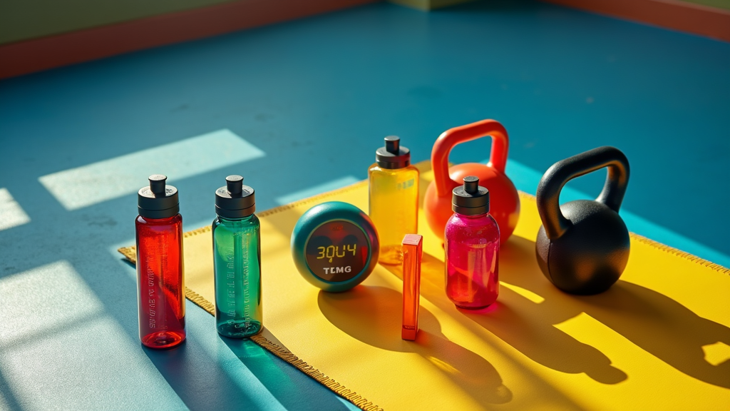 A colorful assortment of gym equipment and interval timers on a bright mat