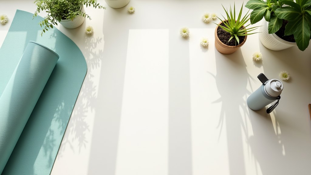 A cozy, sunlit living room setup for a home workout, with a yoga mat and water bottle nearby. No people are visible in the photo; the space exudes calm and energy.