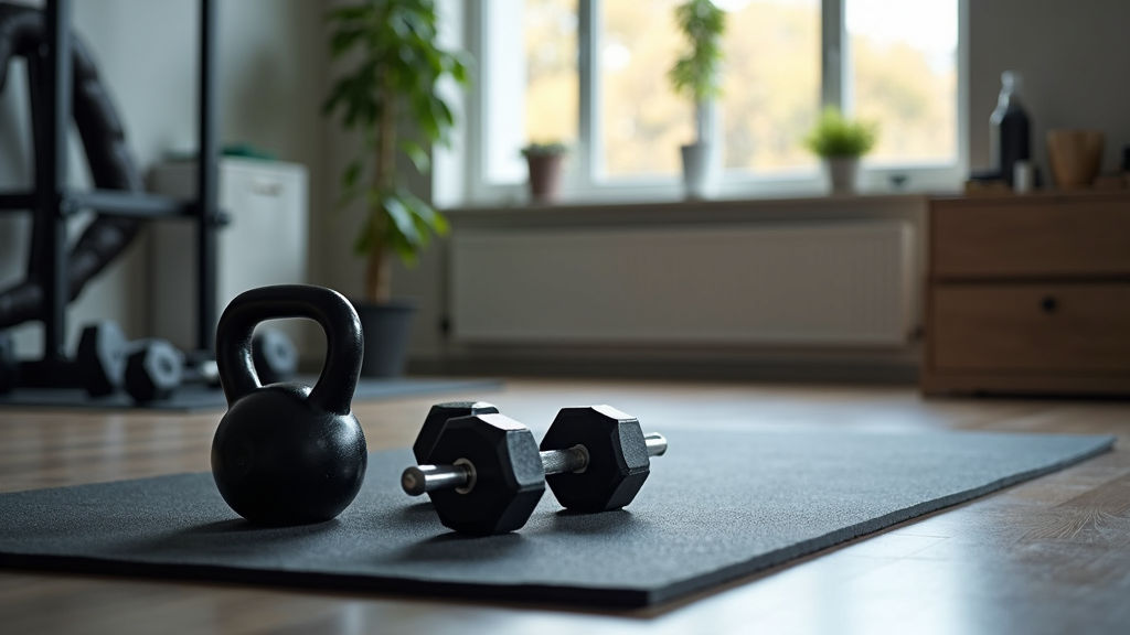 Dumbbells, kettlebell, resistance bands, and gym mat neatly arranged in a modern home gym