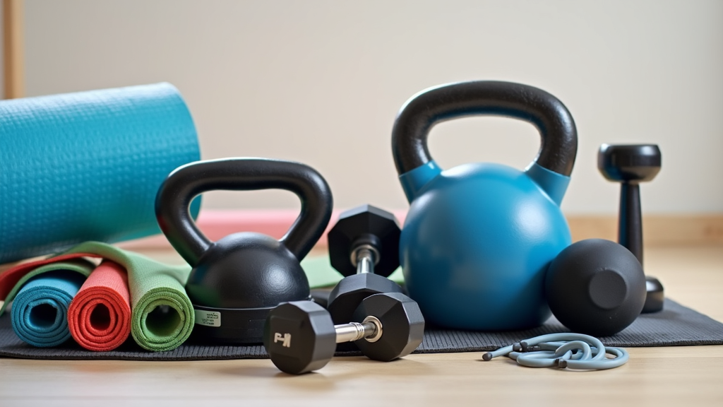 A collection of home fitness gear and accessories neatly arranged, including dumbbells, resistance bands, a yoga mat, and a kettlebell.