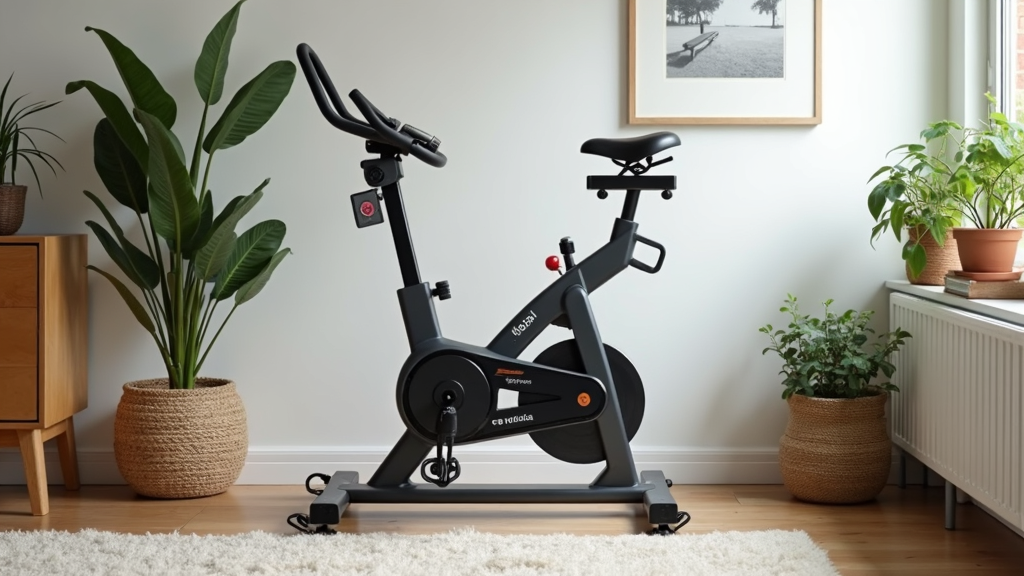 A compact stationary bike set up in a cozy, modern apartment with plants and minimal decor