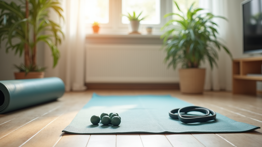 A cozy living room with a yoga mat, foam roller, and resistance bands laid out, soft natural light coming through the window, and leafy houseplants in the background.
