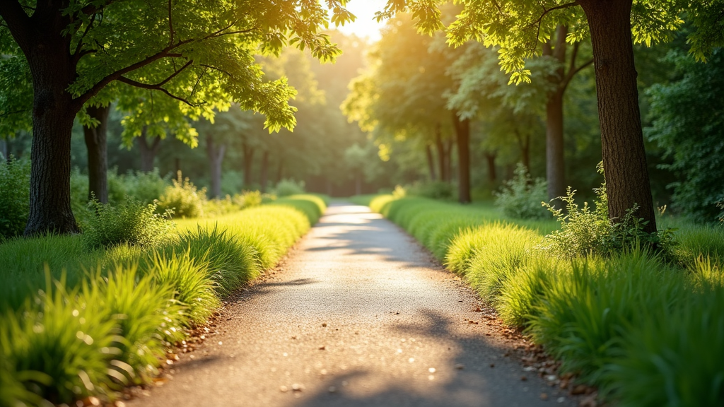 A tranquil outdoor walking path surrounded by lush greenery and sunlight, ideal for daily movement.