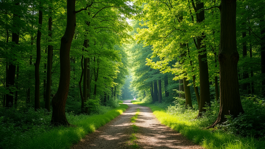A wide, tranquil forest with a single winding trail, sunlight filtering through thick trees, and an inviting sense of calm diversity in colors and textures.