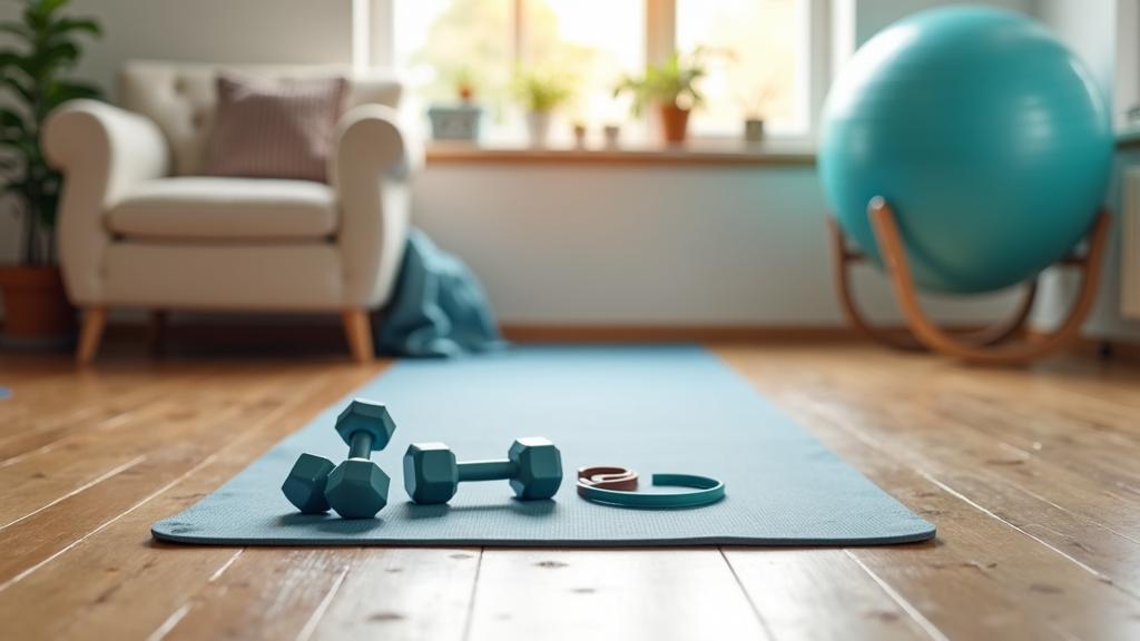 An arrangement of core workout gear (like exercise mats, dumbbells, and resistance bands) on a wooden floor with plenty of natural daylight