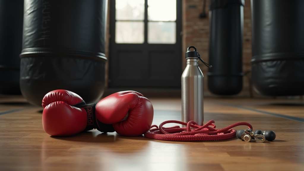 Boxing gloves and jump rope on a gym floor