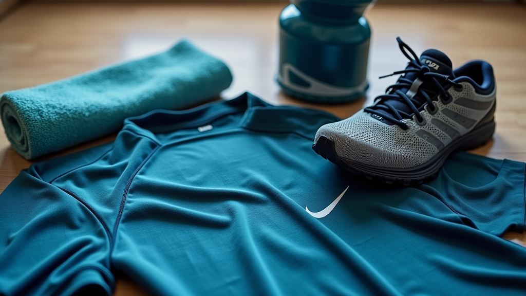 Close-up of athletic gear like shoes, a water bottle, and moisture-wicking shirt on gym floor