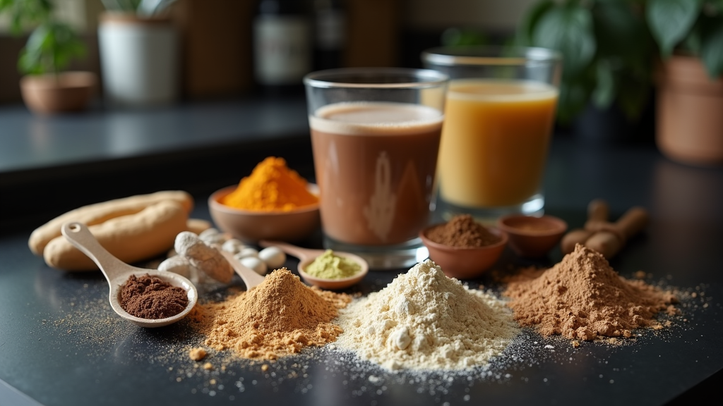 Colorful supplement powders and measuring scoops arranged on a dark tabletop next to a glass of mixed drink