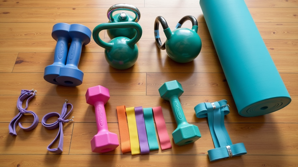 A collection of assorted fitness equipment including dumbbells, resistance bands, a yoga mat, and a water bottle