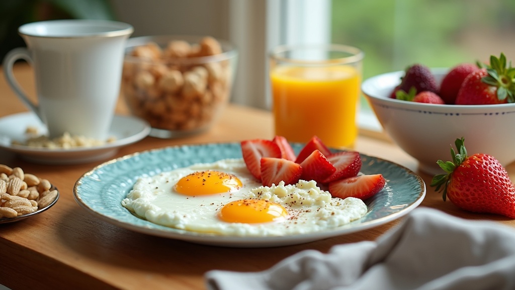 A colorful, protein-packed breakfast spread featuring eggs, Greek yogurt, whole grain toast, and fresh fruit.
