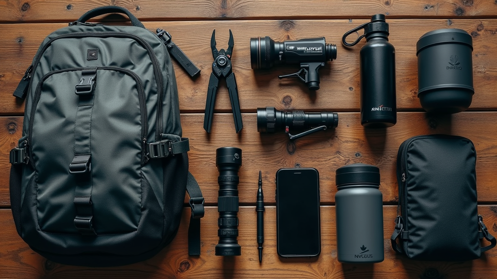 A flat lay of outdoor gear laid out on a rugged wooden table, including a weatherproof backpack, multi-tool, technical flashlight, rugged smartphone, and sturdy water bottle.