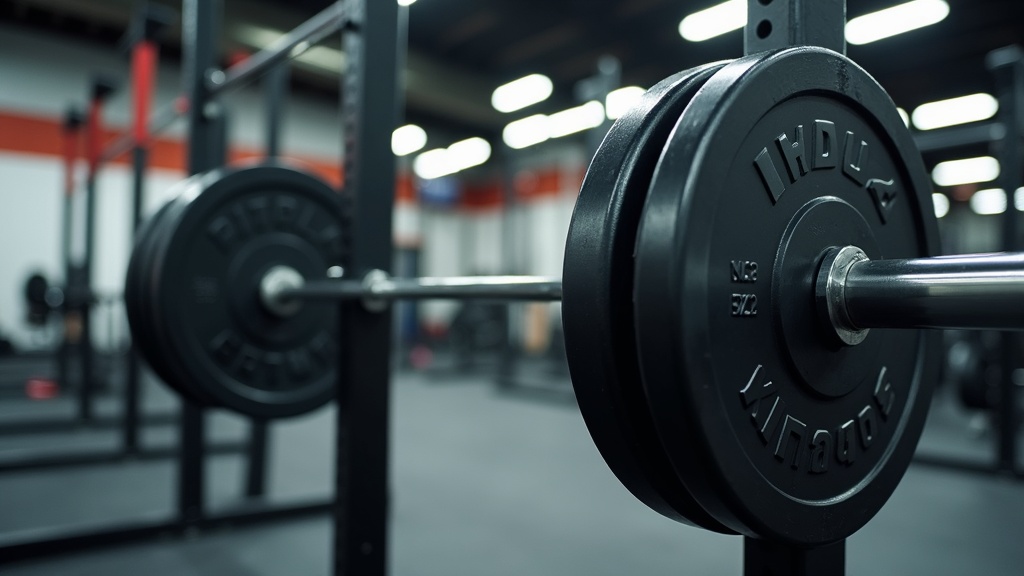 barbell squat in gym surrounded by fitness equipment