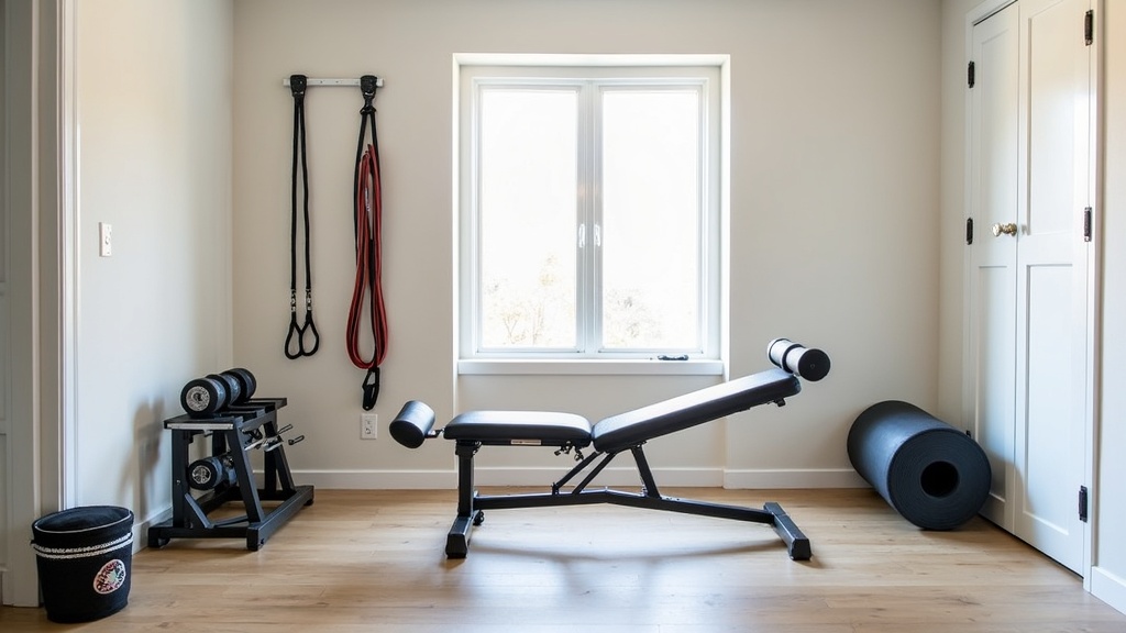 Compact home gym setup with space-saving gym equipment in a bright room