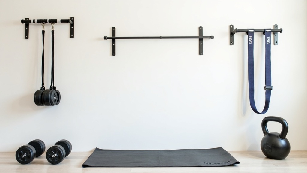 Minimalist home gym with neatly arranged equipment and plenty of open space.