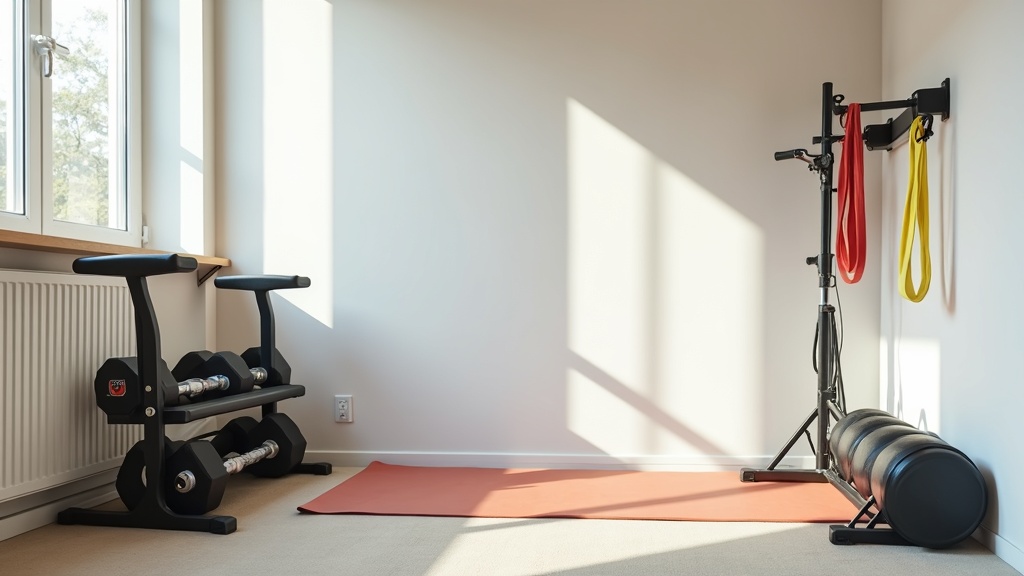 Compact home gym corner with foldable equipment, bright lighting, and neatly stored weights.
